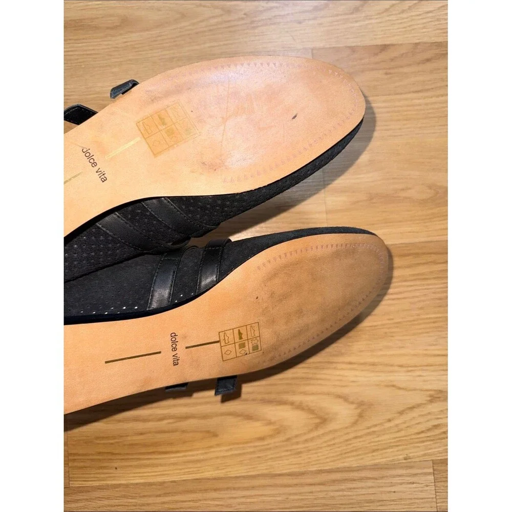 Dolce Vita Baylee Black Suede Perforated Ballet Flats Gold Buckles Size 8